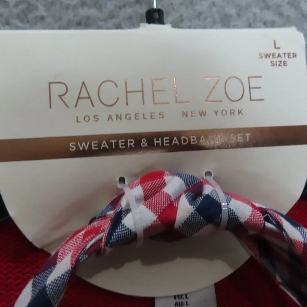 Rachel Zoe Knit Boxy Sweater Headband Set Large Red Short Sleeve Button Details‎